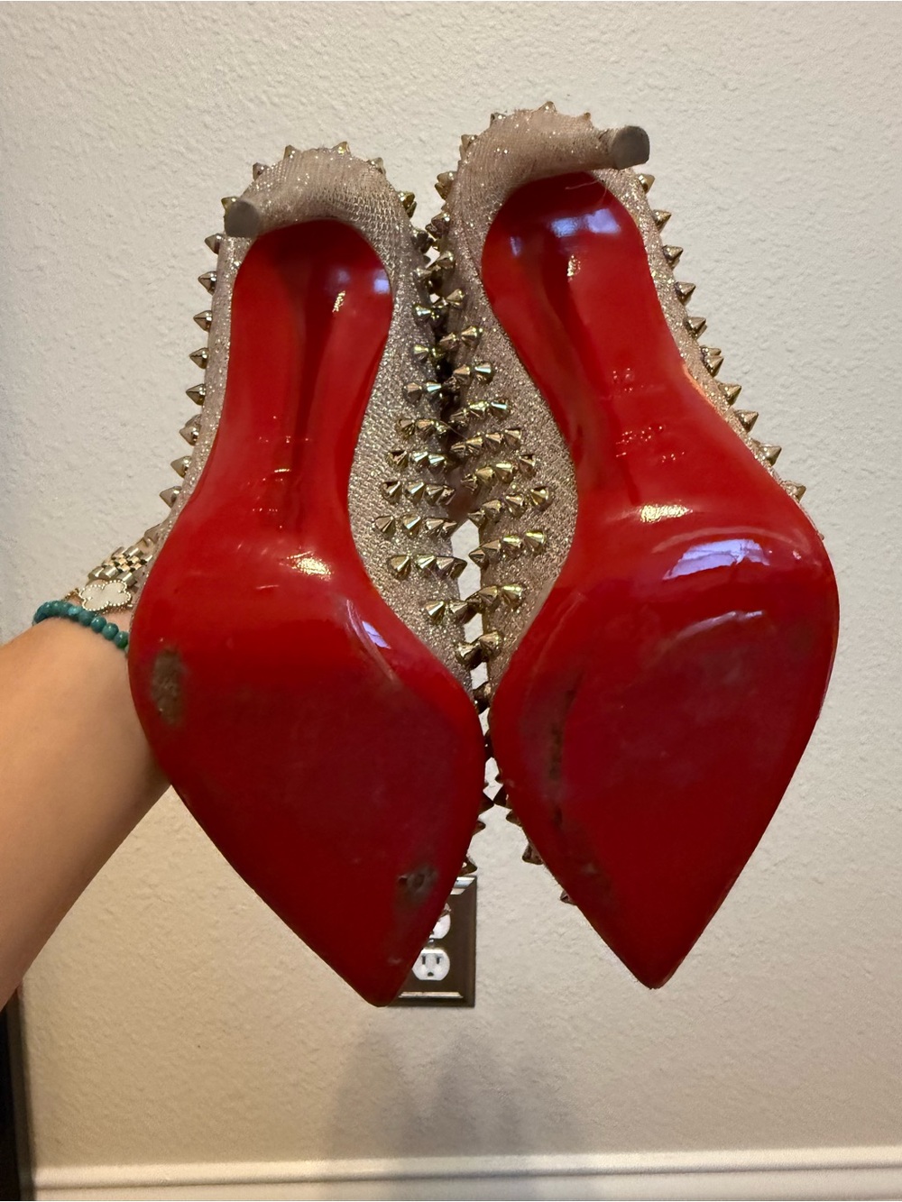 Christian Louboutin Beige/Gold Spike-Embellished Pointed-Toe Pumps - Picture 2 of 2